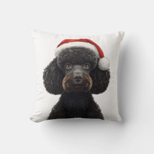 Festive Black Poodle Dog in Santa Hat Illustration Cushion