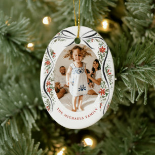 Festive Black Ribbon with Poinsettias and Greenery Ceramic Ornament