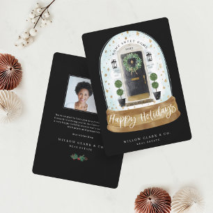 Festive Black Watercolor Door Snow Globe Business Holiday Card