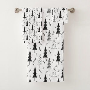 Festive Black White Doddle Christmas Pine Tree Bath Towel Set
