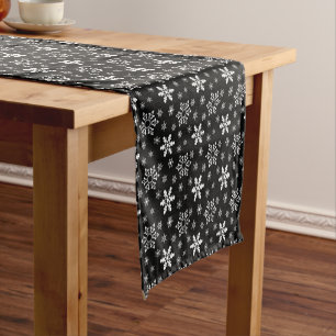 Festive black white snowflake tiled short table runner
