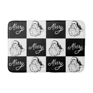 Festive Black  White Vintage Santa Face Christmas Bath Mat