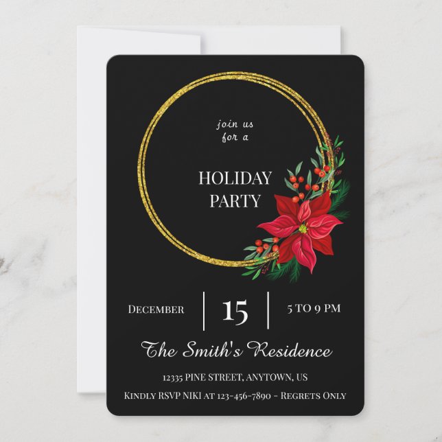 Festive Black Wreath Holiday Party Cute Elegant Invitation (Front)