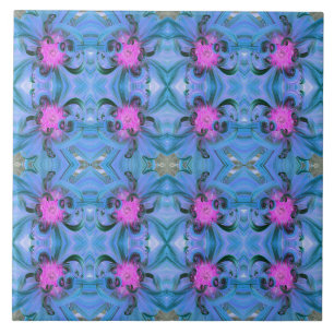 Festive Blue and Hot Pink Dahlia Flower Petals Ceramic Tile