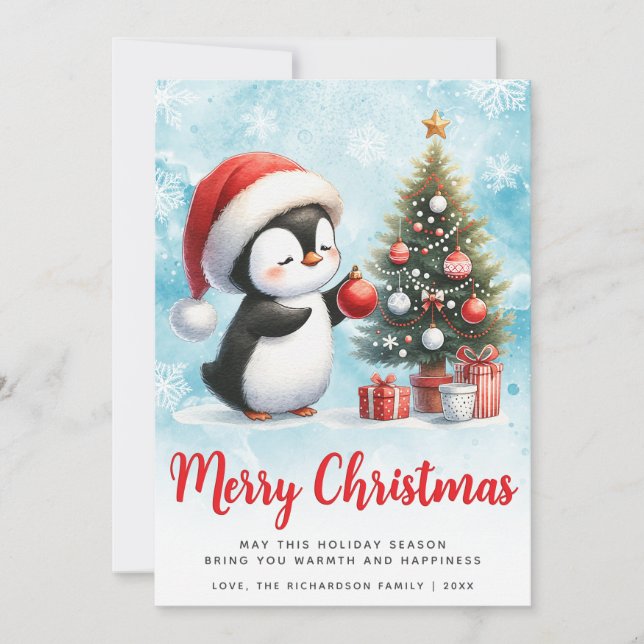 Festive Blue and Red Penguin Merry Christmas Holiday Card (Front)