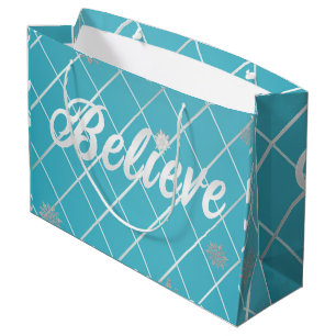 Festive Blue and Silver 'Believe' Holiday Large Gift Bag