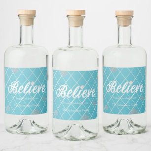 Festive Blue and Silver 'Believe' Holiday Liquor Bottle Label