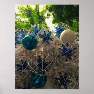 Festive Blue and Silver Christmas Ornaments Poster