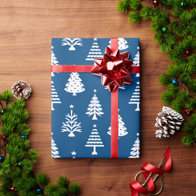 Festive Blue and White Christmas Tree Pattern Wrapping Paper (Holiday Gift)