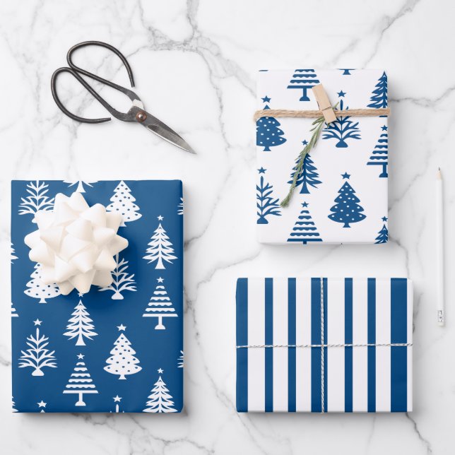 Festive Blue and White Christmas Tree Pattern Wrapping Paper Sheet (Front)