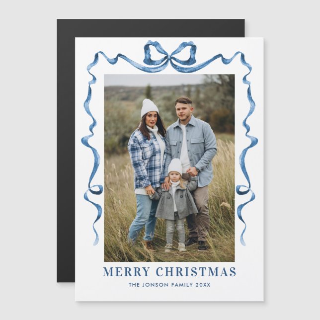 Festive Blue Christmas Bow Photo Magnetic Card (Front/Back)