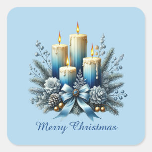 Festive blue Christmas candles customisable Square Sticker