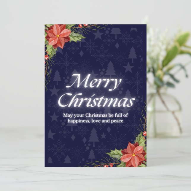 Festive Blue Christmas Card with Poinsettia (Standing Front)