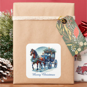 Festive blue Christmas customisable horse buggy Square Sticker