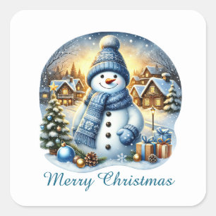 Festive blue Christmas customizable snowman Square Sticker