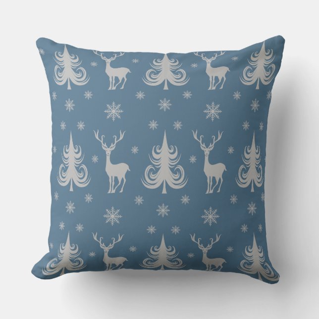 Festive Blue Christmas Deer Pattern Cushion (Front)
