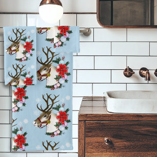 Festive Blue Christmas Reindeer Wreath  Bath Towel Set
