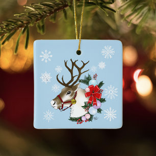 Festive Blue Christmas Reindeer Wreath Ceramic Ornament