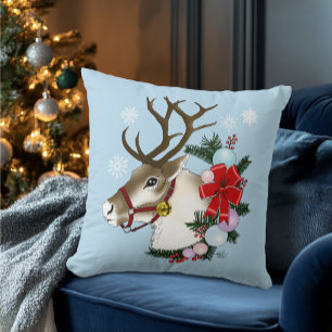 Festive Blue Christmas Reindeer Wreath  Cushion