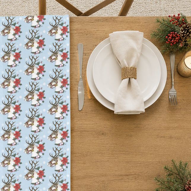 Festive Blue Christmas Reindeer Wreath  Long Table Runner (Creator Uploaded)