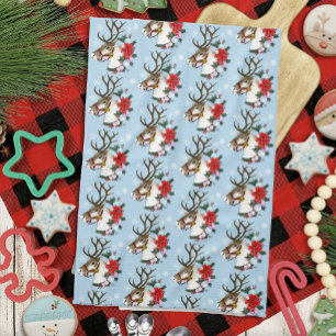 Festive Blue Christmas Reindeer Wreath Tea Towel