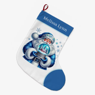 Festive blue Christmas Santa add name Large Christmas Stocking