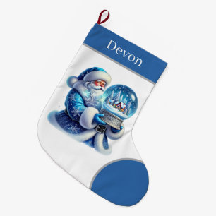 Festive blue Christmas Santa add name Large Christmas Stocking