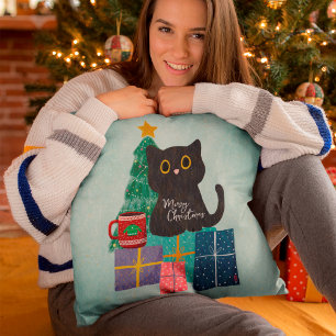 Festive Blue Cute Cat Coffee Merry Christmas Cushion