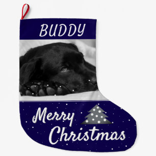 Festive Blue Dog Pet Name and Photo  Large Christmas Stocking
