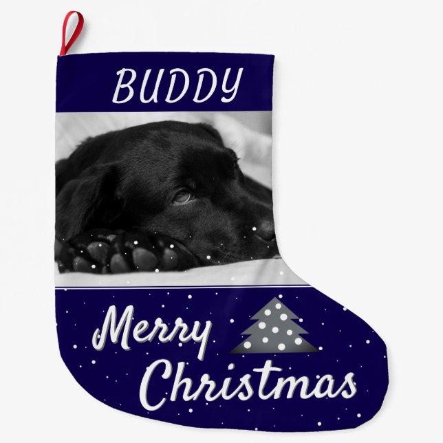 Festive Blue Dog Pet Name and Photo  Large Christmas Stocking (Front)