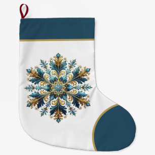 Festive blue gold snowflake add name large christmas stocking