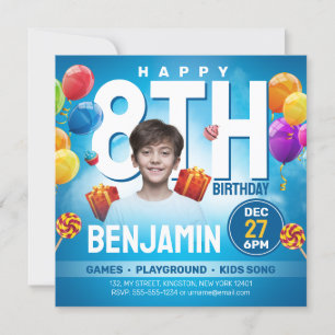 Festive Blue Kids Bithday Party Photo Invitation