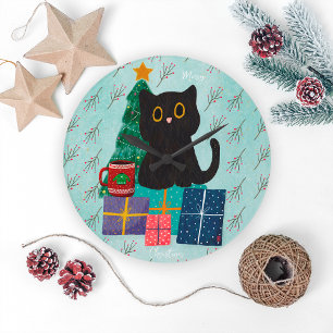 Festive Blue Merry Christmas Cute Black Cat Coffee Large Clock