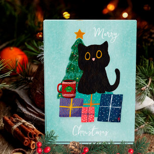 Festive Blue Merry Christmas Cute Cat Coffee Photo Block