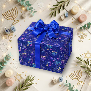 Festive Blue Musical Menorah Wrapping Paper