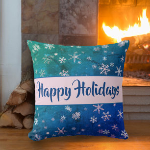 Festive Blue Pink Snowflake Pattern Happy Holidays Cushion
