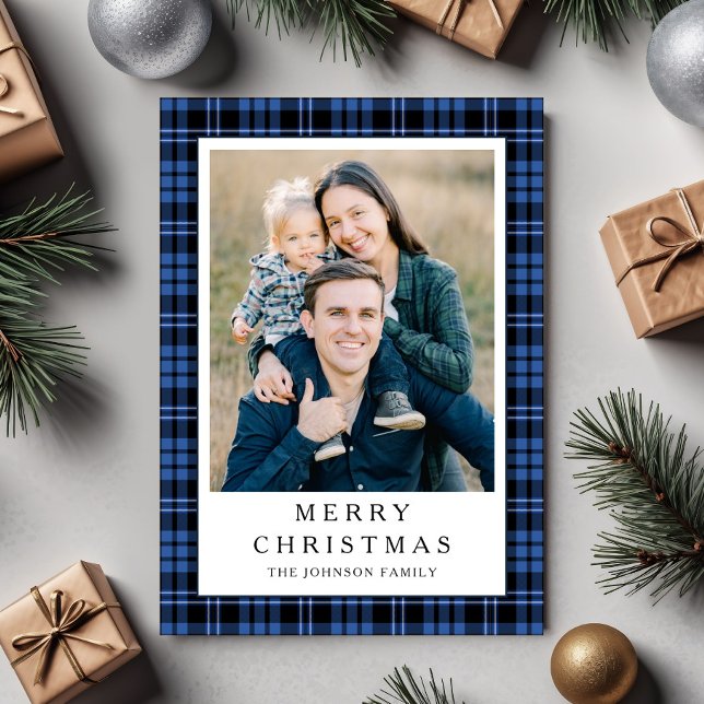 Festive Blue Plaid Photo Christmas Holiday Card (Festive Blue Plaid Photo Christmas Holiday Card)