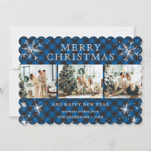 Festive Blue Plaid Sparkly Snowflake Photo Collage Holiday Card