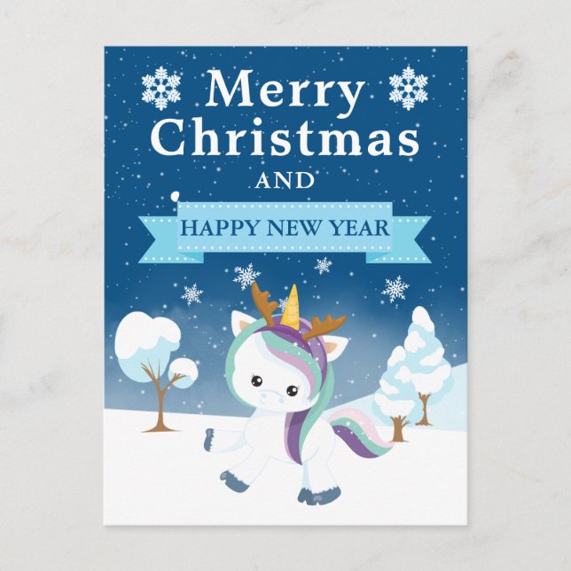 Festive Blue Purple & White Christmas Unicorn Holiday Postcard (Front)
