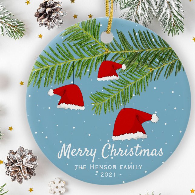 Festive Blue Santa Hat Pine Branch Merry Christmas Ceramic Ornament (Creator Uploaded)
