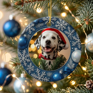 Festive Blue Silver Snowflake Custom Dog Pet Photo Ceramic Ornament