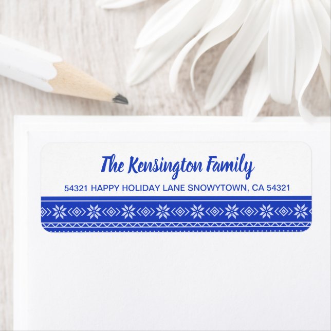 Festive BLue Snowflake Holiday Sweater Pattern Return Address Label (Insitu)