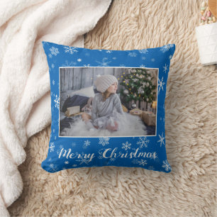 Festive Blue Snowflakes Merry Christmas 2 Photo Cushion