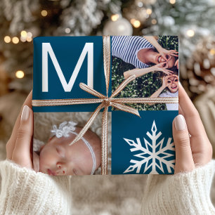 Festive Blue Snowflakes Photo Collage Christmas Wrapping Paper