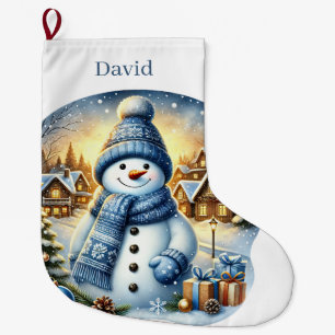 Festive blue snowman add name large christmas stocking
