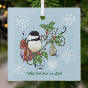 Festive Blue Vintage Christmas Chickadee Glass Tree Decoration