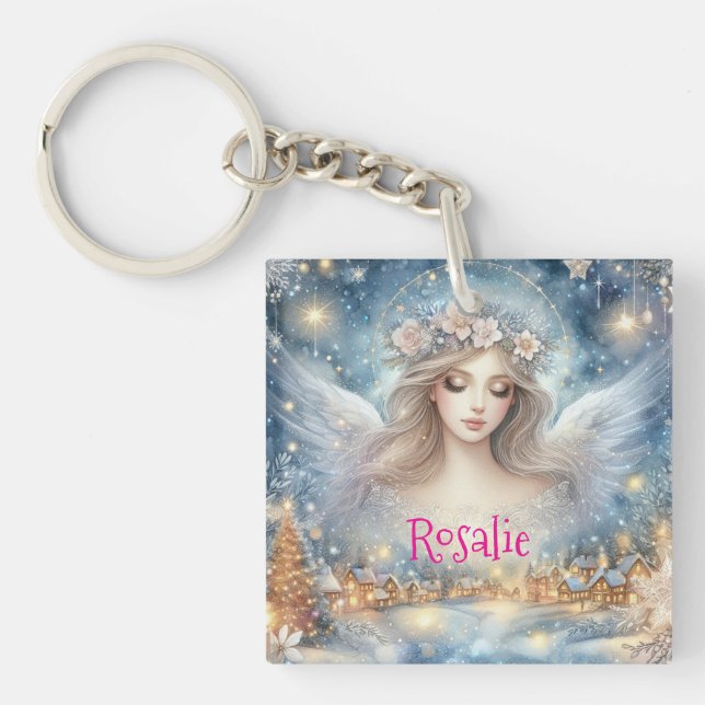 Festive Blue Watercolor Ethereal Frost Snow Angel Key Ring (Front)