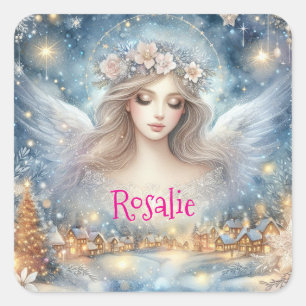 Festive Blue Watercolor Ethereal Frost Snow Angel Square Sticker