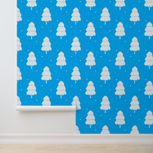 Festive blue white Christmas tree pattern tiled Wallpaper