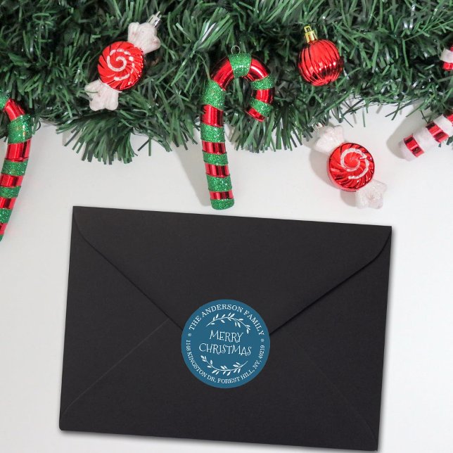 Festive Blue & White Custom Return Address Classic Round Sticker (Creator Uploaded)